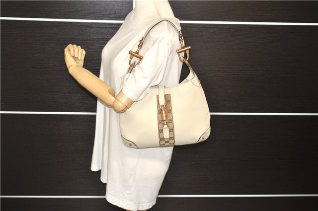Authentic GUCCI New Jackie Shoulder Bag Leather GG Canvas 120888 Ivory 2782E