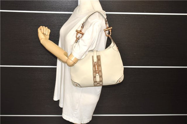 Authentic GUCCI New Jackie Shoulder Bag Leather GG Canvas 120888 Ivory 2782E