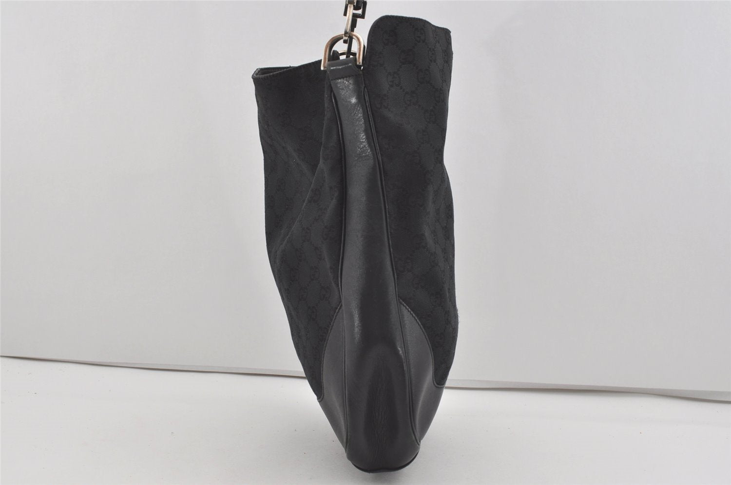 Authentic GUCCI Bamboo Shoulder Tote Bag GG Canvas Leather 0014058 Black 2783I