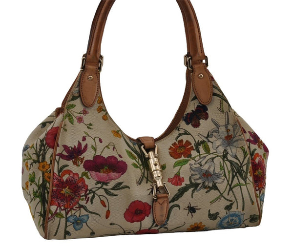 Authentic GUCCI Jackie Flora Shoulder Hand Bag Canvas Leather 145819 White 2784I