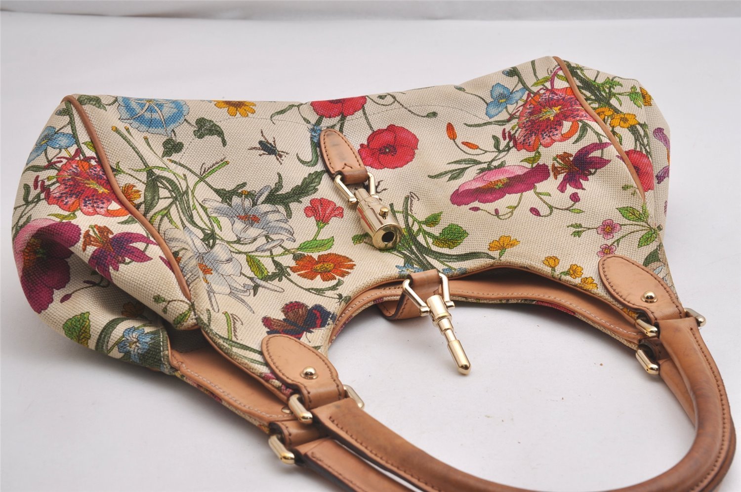 Authentic GUCCI Jackie Flora Shoulder Hand Bag Canvas Leather 145819 White 2784I
