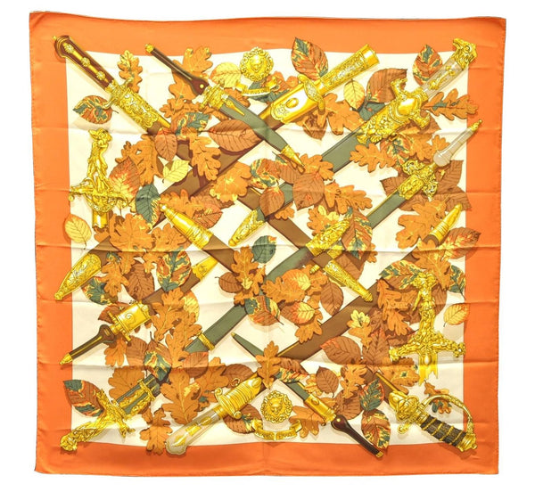 Authentic HERMES Carre 90 Scarf "AU PLUS DRU" Silk Orange 2785D