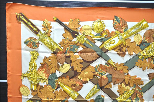 Authentic HERMES Carre 90 Scarf "AU PLUS DRU" Silk Orange 2785D