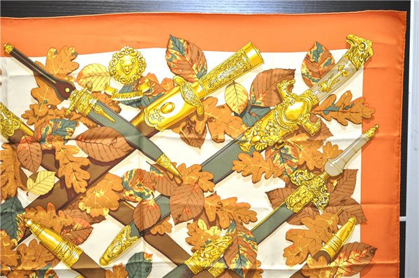 Authentic HERMES Carre 90 Scarf "AU PLUS DRU" Silk Orange 2785D