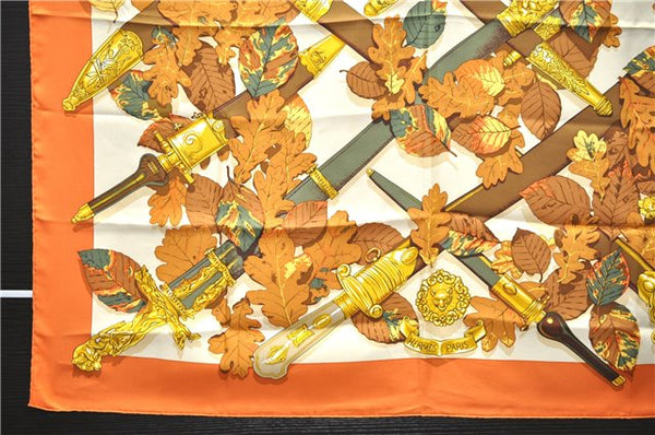 Authentic HERMES Carre 90 Scarf "AU PLUS DRU" Silk Orange 2785D