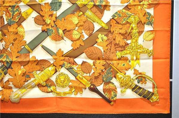 Authentic HERMES Carre 90 Scarf "AU PLUS DRU" Silk Orange 2785D