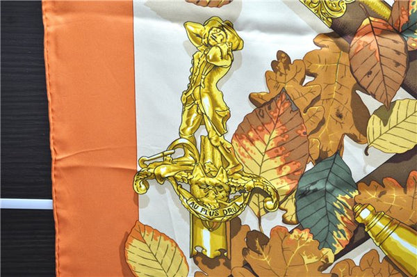 Authentic HERMES Carre 90 Scarf "AU PLUS DRU" Silk Orange 2785D
