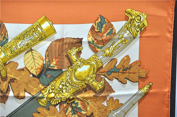 Authentic HERMES Carre 90 Scarf "AU PLUS DRU" Silk Orange 2785D