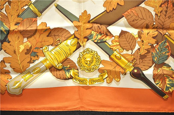Authentic HERMES Carre 90 Scarf "AU PLUS DRU" Silk Orange 2785D