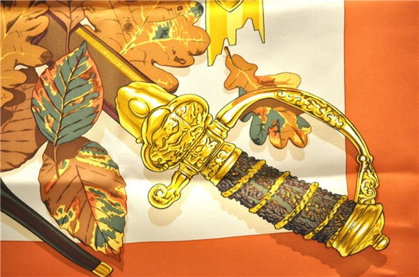 Authentic HERMES Carre 90 Scarf "AU PLUS DRU" Silk Orange 2785D
