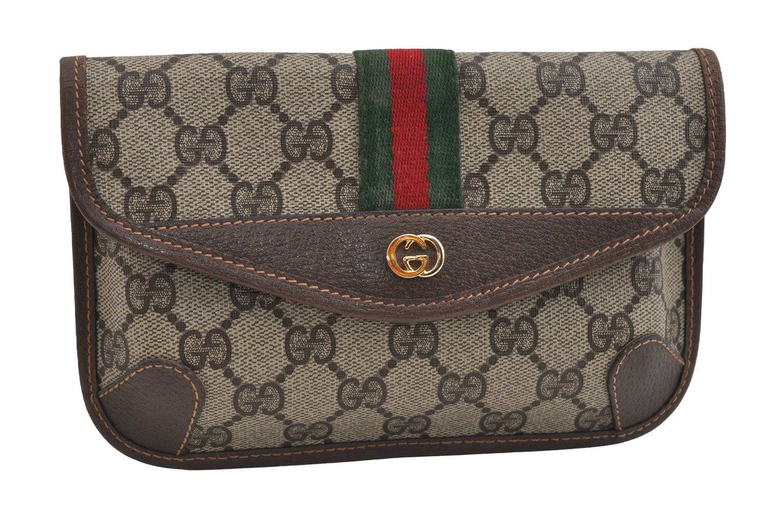 Authentic GUCCI Web Sherry Line Clutch Hand Bag Purse GG PVC Leather Brown 2785I