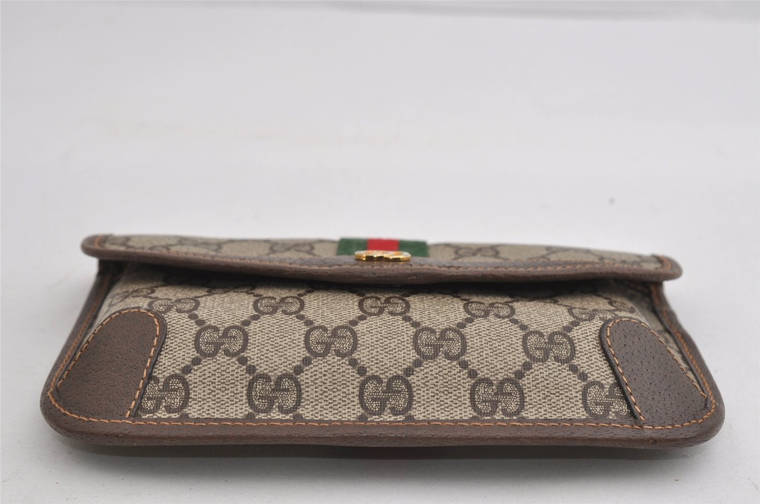 Authentic GUCCI Web Sherry Line Clutch Hand Bag Purse GG PVC Leather Brown 2785I
