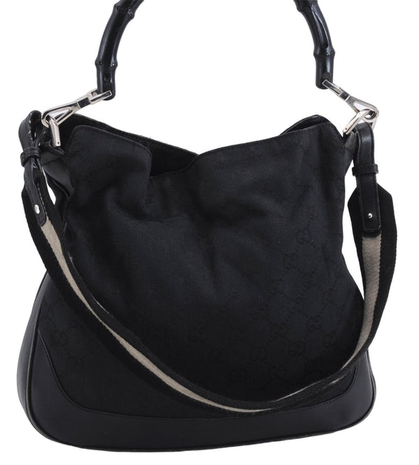 Authentic GUCCI Bamboo 2way Hand Shoulder Bag Canvas Leather 0014095 Black 2786E