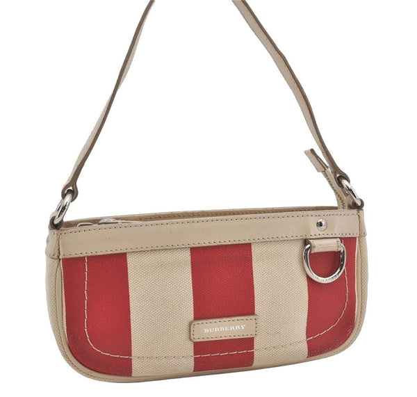 Authentic BURBERRY Stripe Canvas Leather Shoulder Hand Bag Pouch White Red 2786I