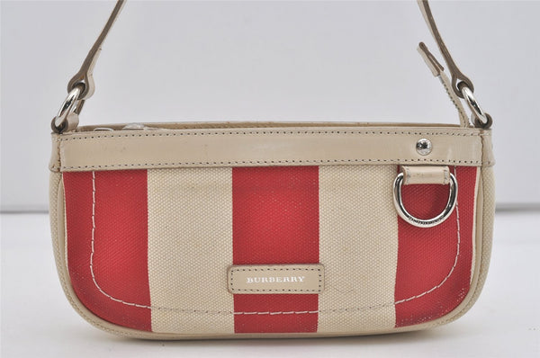 Authentic BURBERRY Stripe Canvas Leather Shoulder Hand Bag Pouch White Red 2786I