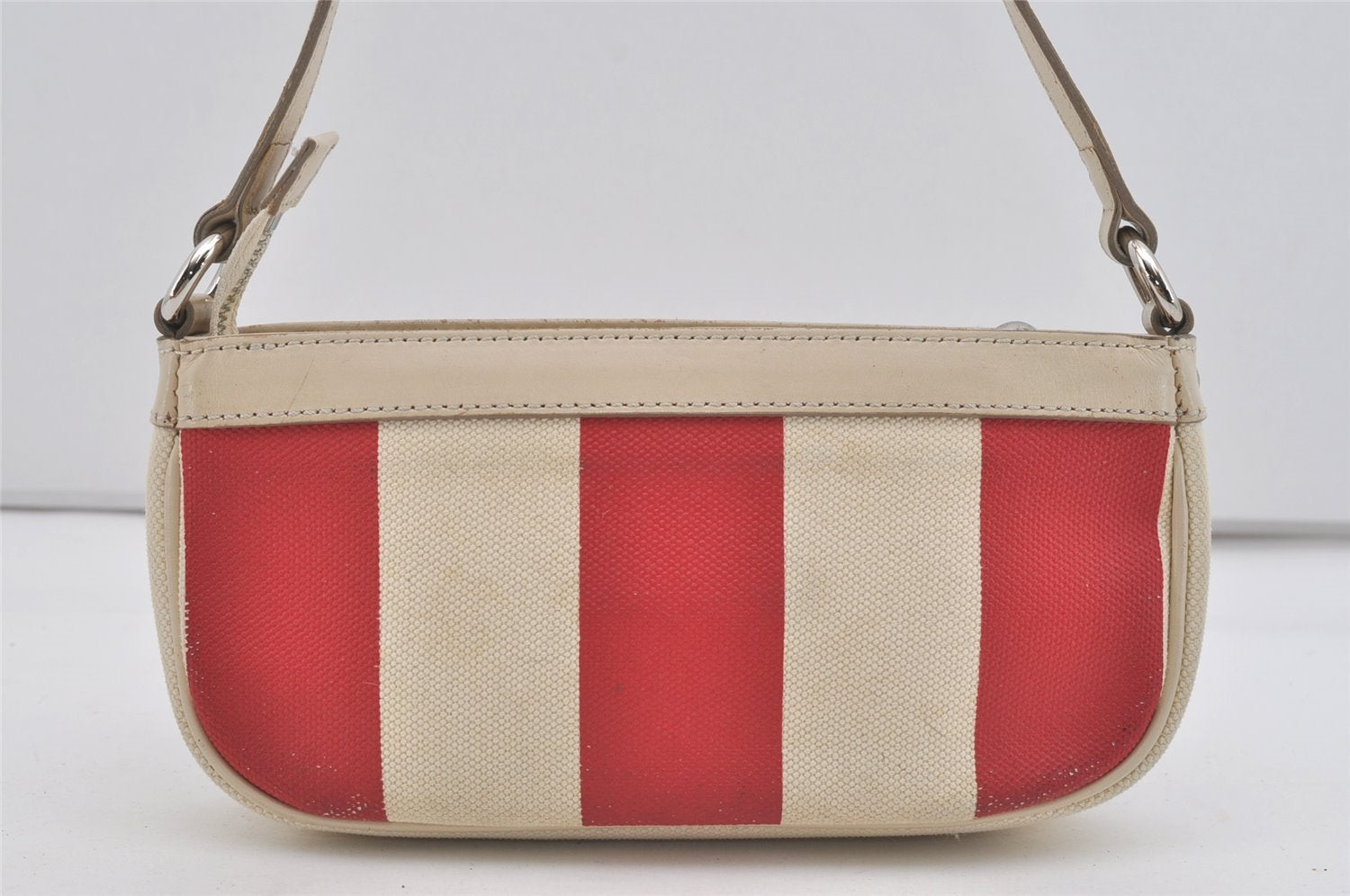 Authentic BURBERRY Stripe Canvas Leather Shoulder Hand Bag Pouch White Red 2786I