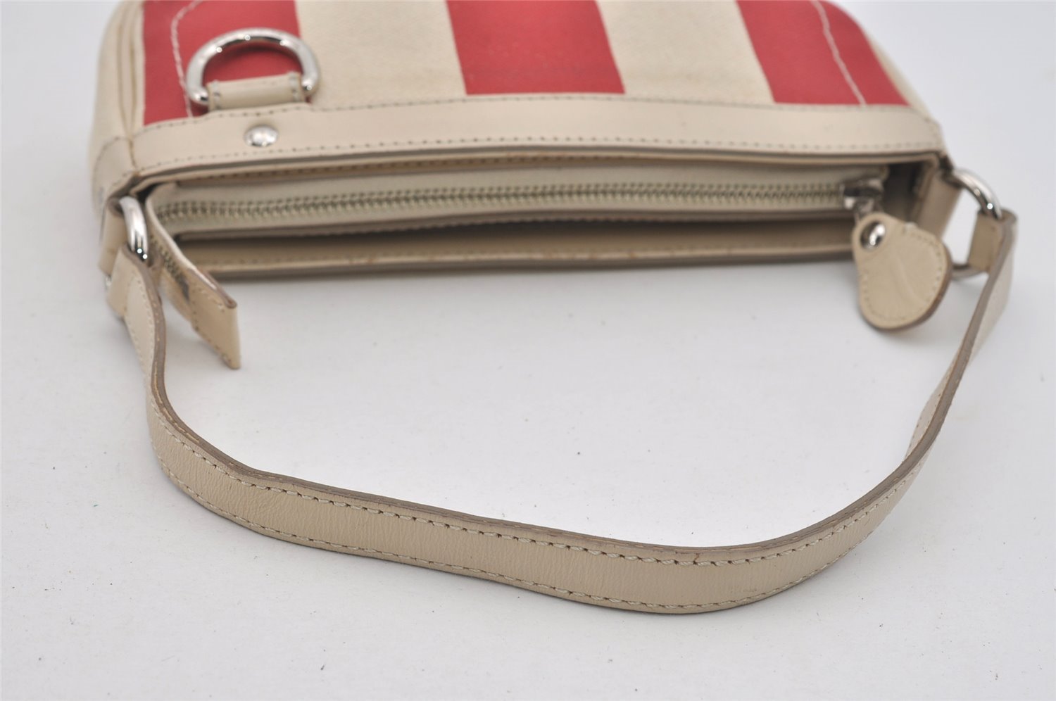 Authentic BURBERRY Stripe Canvas Leather Shoulder Hand Bag Pouch White Red 2786I