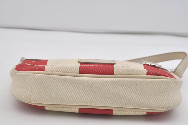 Authentic BURBERRY Stripe Canvas Leather Shoulder Hand Bag Pouch White Red 2786I