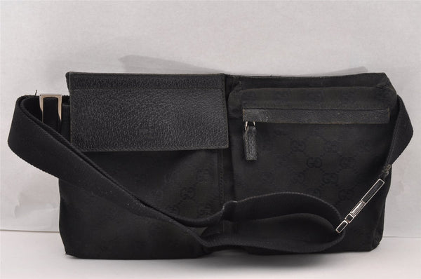 Authentic GUCCI Waist Body Bag Purse GG Canvas Leather 28566 Black 2788I