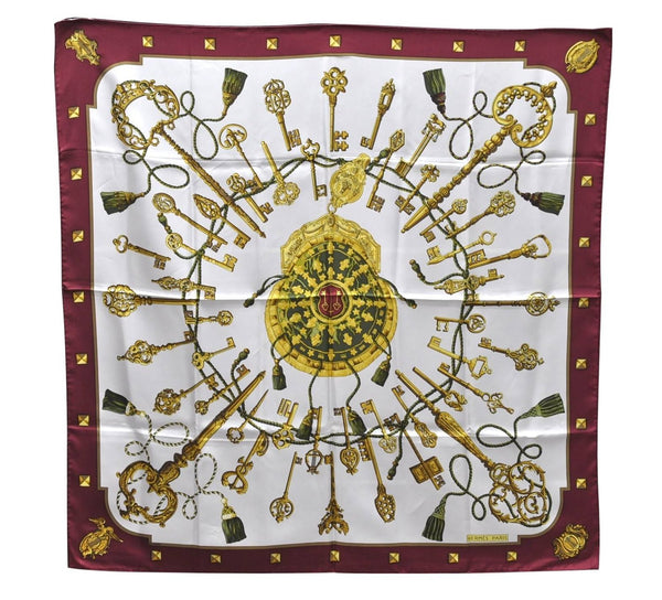 Authentic HERMES Carre 90 Scarf "LES CLES" Silk Bordeaux Red 2790D