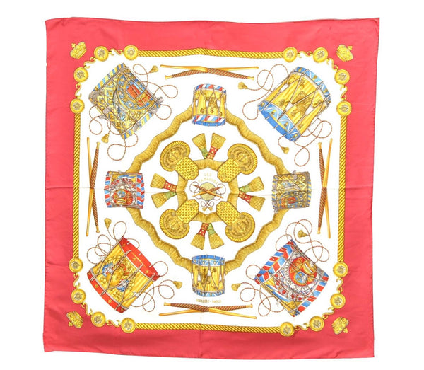 Authentic HERMES Carre 90 Scarf "LES TAMBOURS" Silk Red 2796D