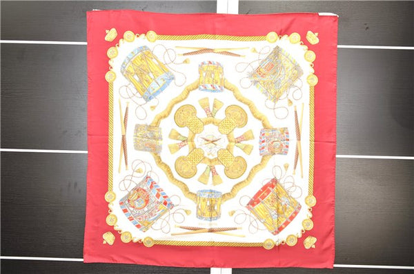 Authentic HERMES Carre 90 Scarf "LES TAMBOURS" Silk Red 2796D