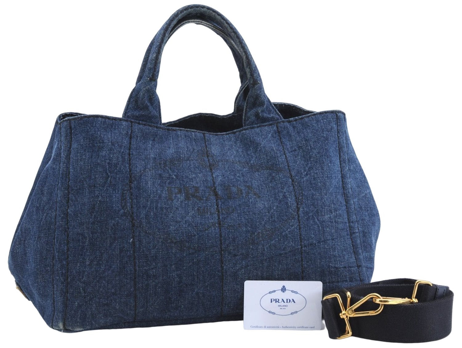 Authentic PRADA Canapa M Denim 2Way Tote Hand Bag B2642B Blue 2797E