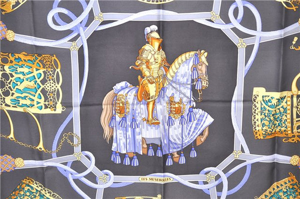 Authentic HERMES Carre 90 Scarf "LES MUSEROLLES" Silk Gray 2798D