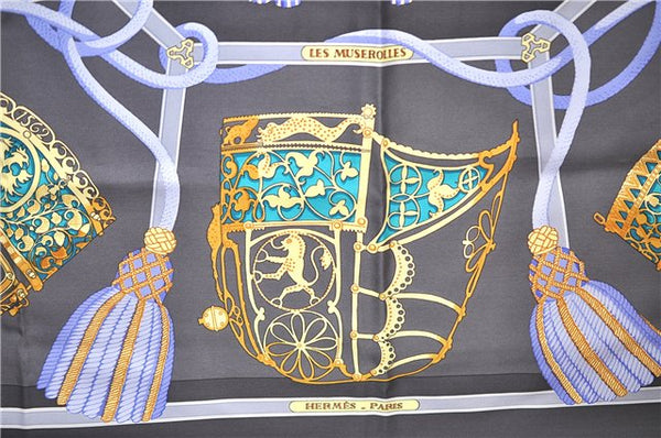 Authentic HERMES Carre 90 Scarf "LES MUSEROLLES" Silk Gray 2798D