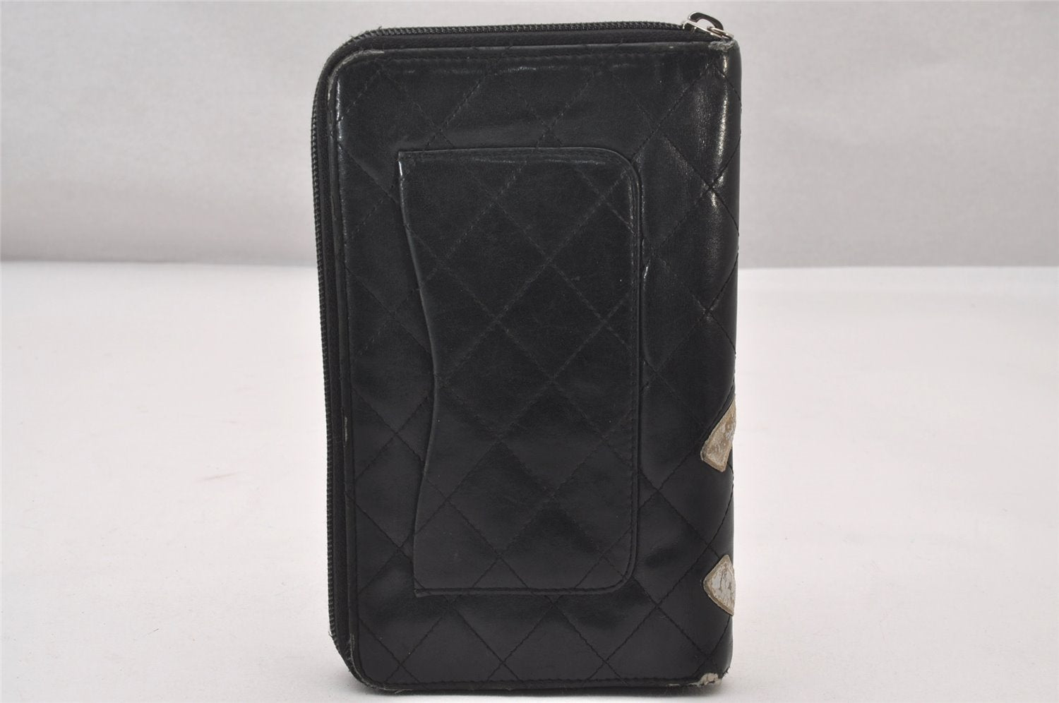 Authentic CHANEL Calf Skin Cambon Line Zippy Organizer Wallet Purse Black 2798I