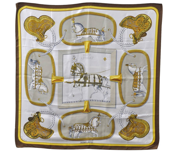 Authentic HERMES Carre 90 Scarf "GRAND APPARAT" Silk Brown 2799D