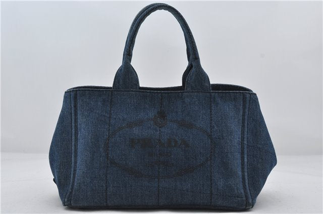 Authentic PRADA Canapa M Denim Tote Hand Bag Blue 2799E