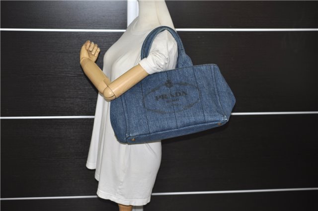 Authentic PRADA Canapa M Denim Tote Hand Bag Blue 2799E