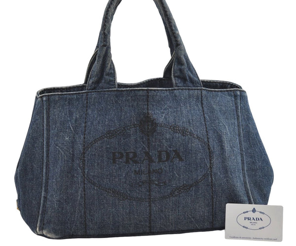 Authentic PRADA Canapa M Denim Tote Hand Bag B1877B Blue 2800E