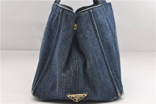 Authentic PRADA Canapa M Denim Tote Hand Bag B1877B Blue 2800E
