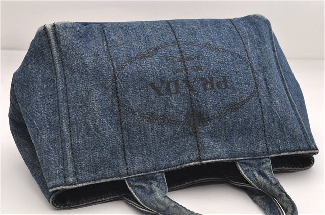 Authentic PRADA Canapa M Denim Tote Hand Bag B1877B Blue 2800E