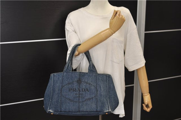 Authentic PRADA Canapa M Denim Tote Hand Bag B1877B Blue 2800E