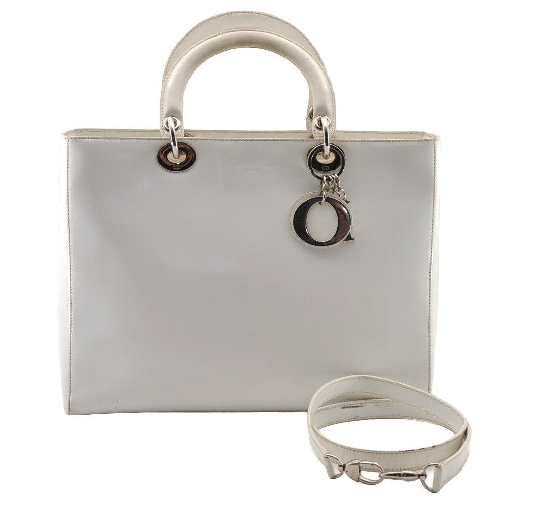 Authentic Christian Dior Diorissimo 2Way Hand Bag Leather White CD 2800I