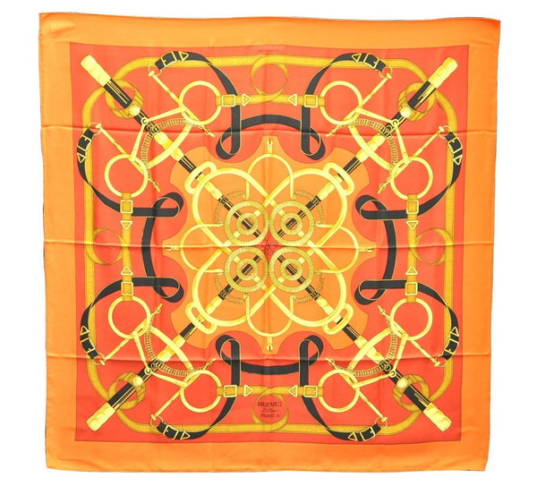 Authentic HERMES Carre 90 Scarf "Eperon d'Or" Silk Orange 2801D