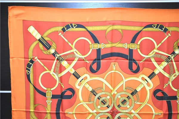 Authentic HERMES Carre 90 Scarf "Eperon d'Or" Silk Orange 2801D