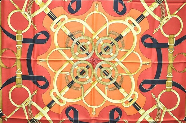 Authentic HERMES Carre 90 Scarf "Eperon d'Or" Silk Orange 2801D
