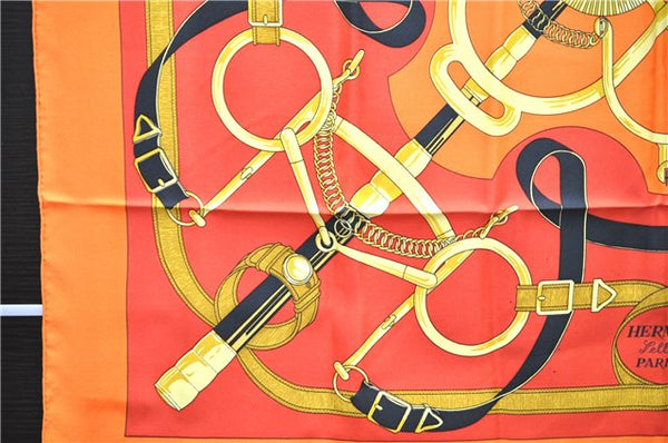 Authentic HERMES Carre 90 Scarf "Eperon d'Or" Silk Orange 2801D