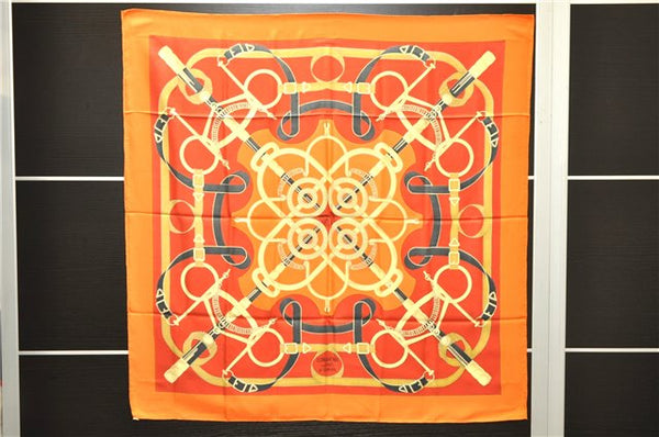 Authentic HERMES Carre 90 Scarf "Eperon d'Or" Silk Orange 2801D