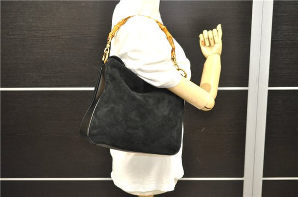 Authentic GUCCI Bamboo Shoulder Hand Bag Purse Suede Leather 0018638 Black 2804E