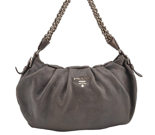 Authentic PRADA Vintage Leather Chain Shoulder Hand Bag Gray 2804I