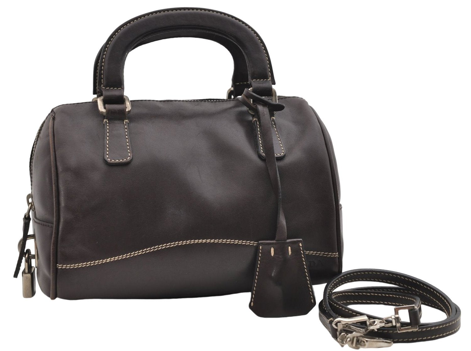 Authentic PRADA Vintage 2Way Leather Nappa Shoulder Hand Bag Purse Brown 2807E