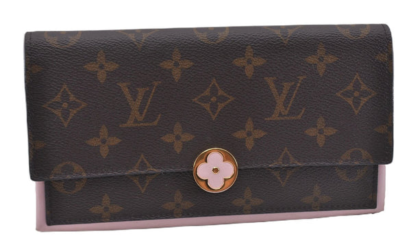 Authentic Louis Vuitton Monogram Portefeuille Flore Wallet Pink M64586 LV 2807F