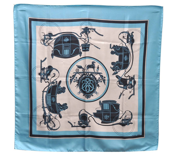 Authentic HERMES Carre 90 Scarf Horse Carrige Motif Silk Light Blue 2808D