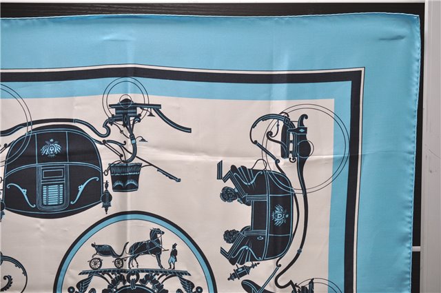 Authentic HERMES Carre 90 Scarf Horse Carrige Motif Silk Light Blue 2808D