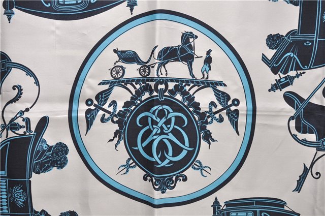 Authentic HERMES Carre 90 Scarf Horse Carrige Motif Silk Light Blue 2808D